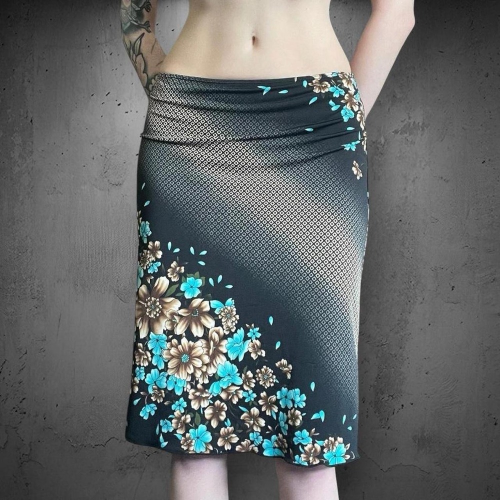 Vtg Y2K Rave Girl Floral Geometric Print Knee Skirt S Black Turquoise Boho Fairy